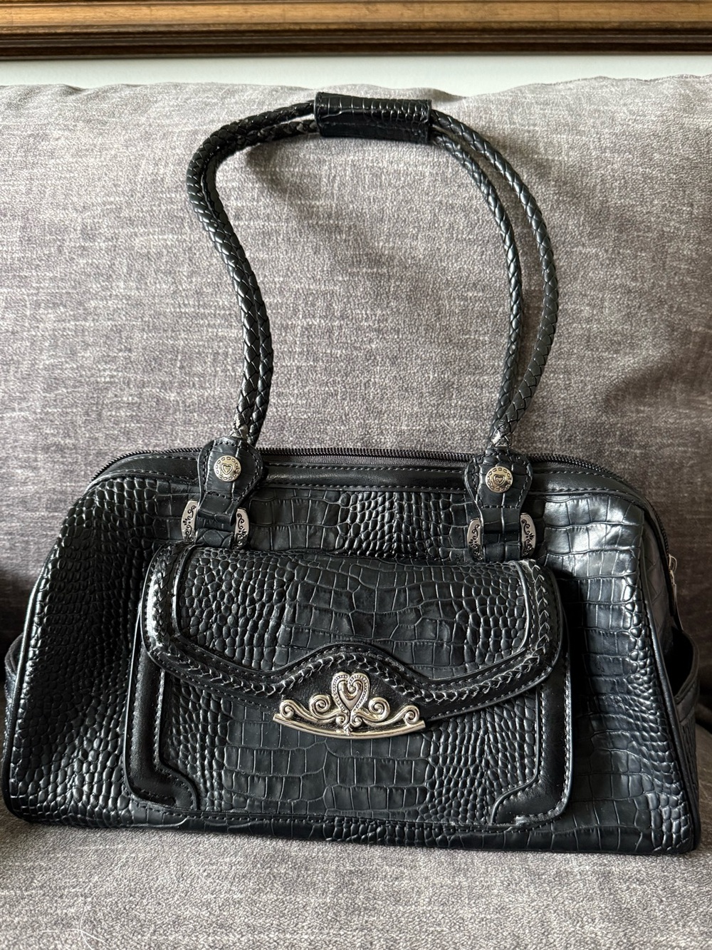 M.C. Black Croc-Embossed Shoulder Bag with Silver Accent